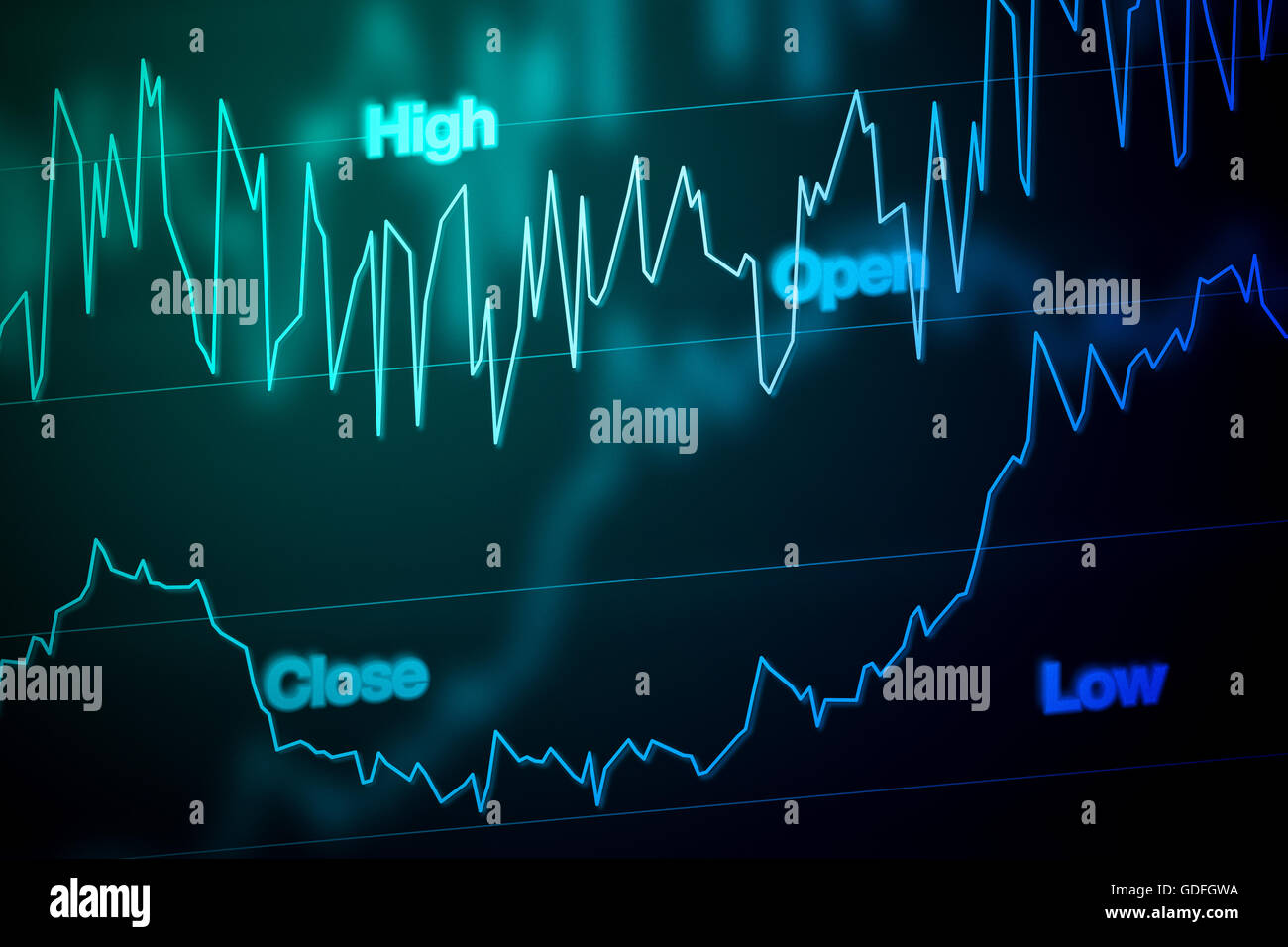 Stock market chart or graph in blue displayed on screen. Stock Photo