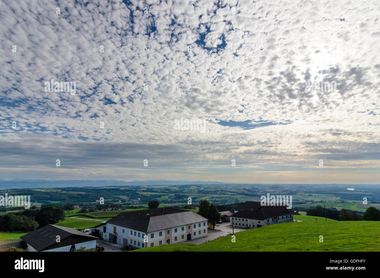 Ardagger: View from Kollmitzberg towards the Alps with altocumulus clouds, Austria, Niederösterreich, Lower Austria, Mostviertel Stock Photo