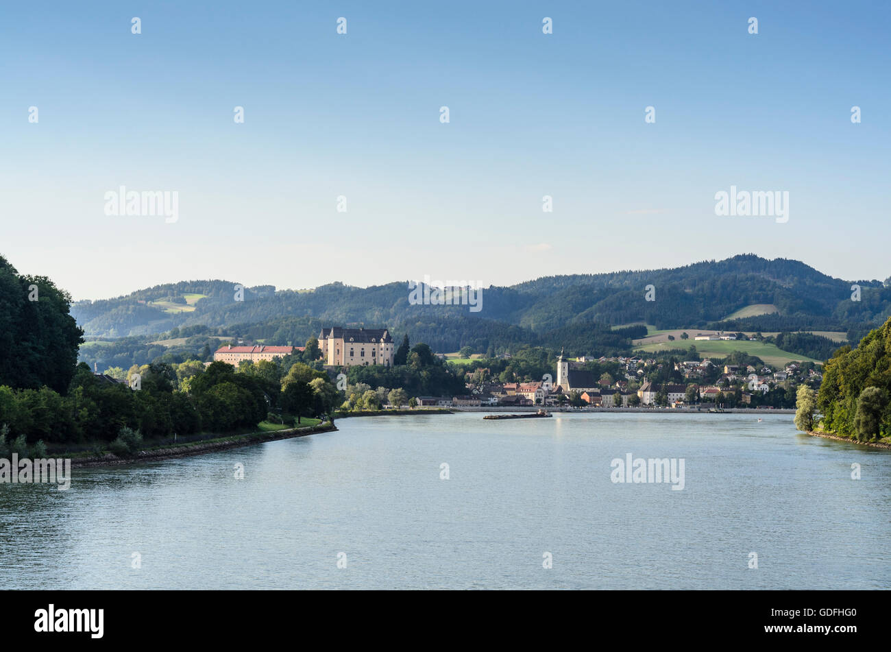 Grein: View of Grein and the Danube, Austria, Oberösterreich, Upper Austria, Mühlviertel Stock Photo