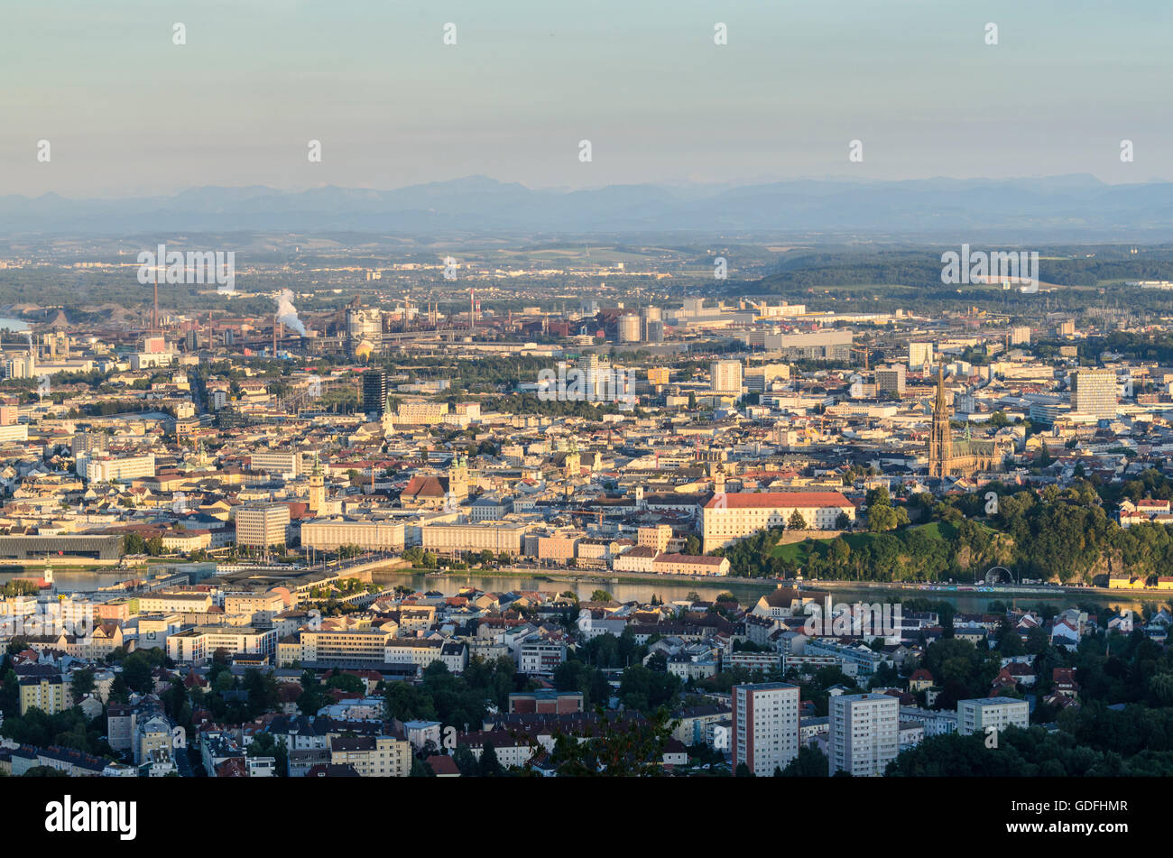 Linz: view from mount Pöstlingberg to Linz, Austria, Oberösterreich, Upper Austria, Zentralraum Stock Photo