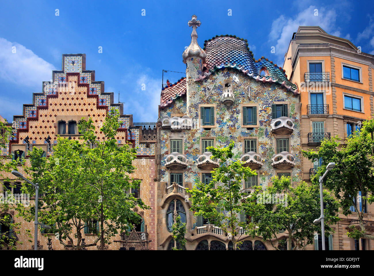 To the left Casa Amatler to the right Casa Batllo Passeig de Gracia, Eixample, Barcelona, Catalonia, Spain. Stock Photo