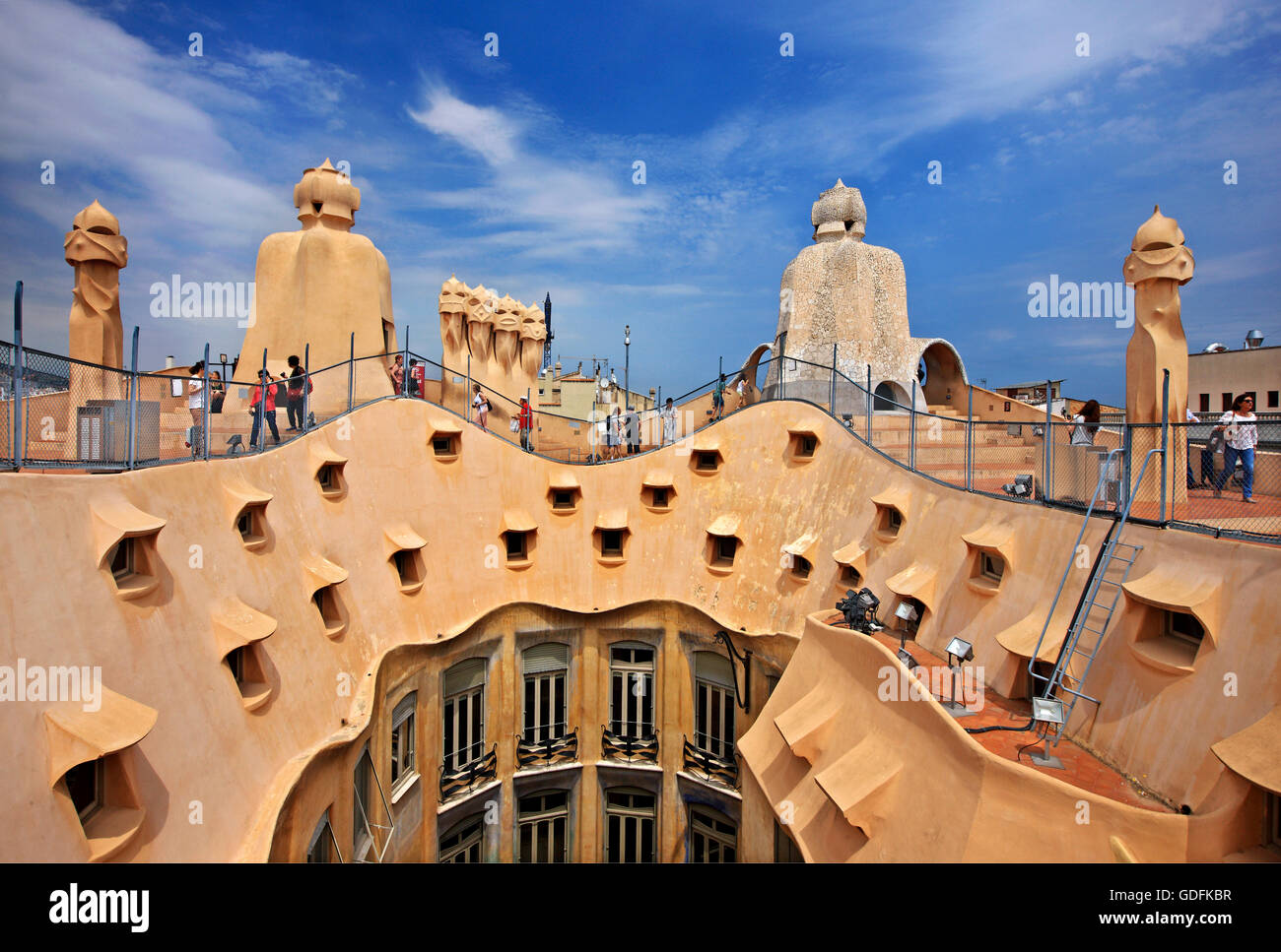On the roof of 'La Pedrera' ('Casa Milà'), one of the masterpieces by famous Catalan architect, Antoni Gaudi, Barcelona, Spain. Stock Photo