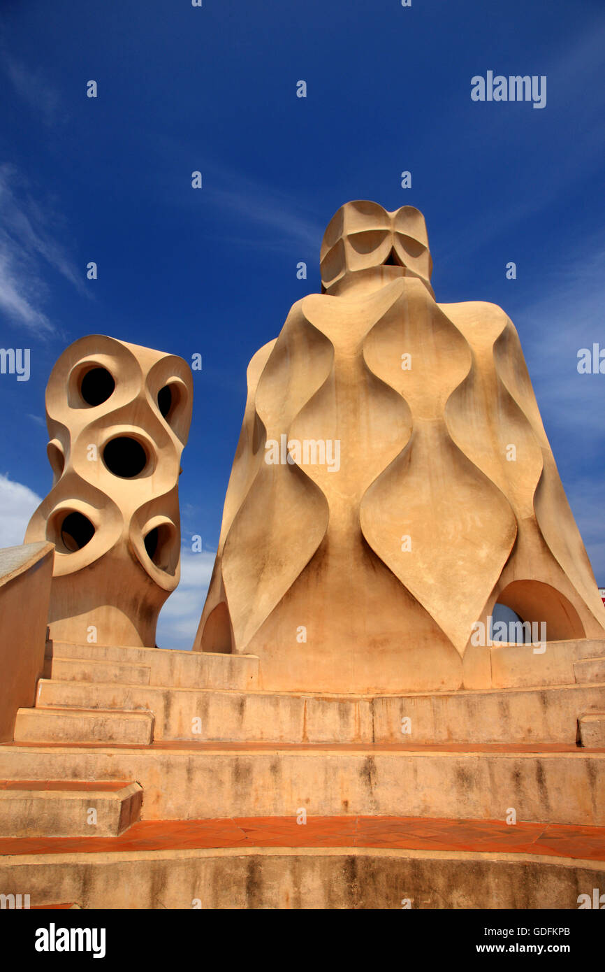 On the roof of 'La Pedrera' ('Casa Milà'), one of the masterpieces by famous Catalan architect, Antoni Gaudi, Barcelona, Spain. Stock Photo