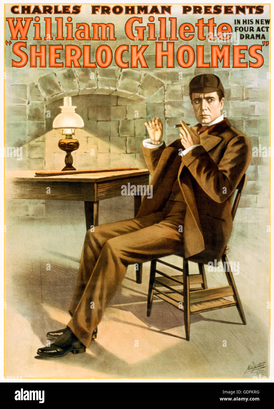 ‘Charles Frohman Presents William Gillette in his New Four Act Drama “Sherlock Holmes” Theatre poster, Garrick Theatre, New York City, 1900. Stage adaptation of the famous detective stories by Sir Arthur Conan Doyle. Photograph of original theatrical poster. Stock Photo