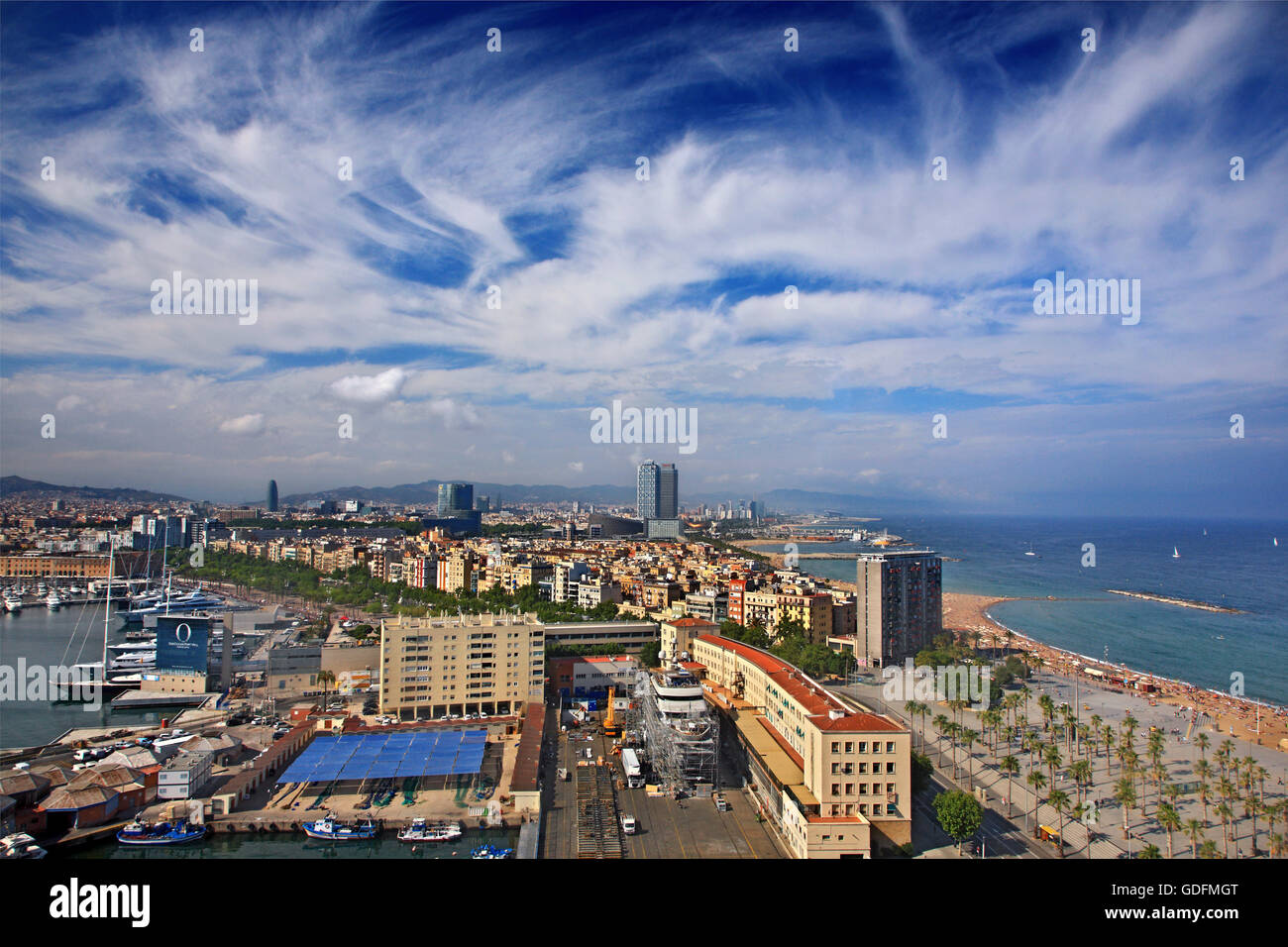The Barceloneta, Barcelona, Cataonia, Spain. View from the Torre de St. Sebastia - Miramar (Montjuic) cable car Stock Photo