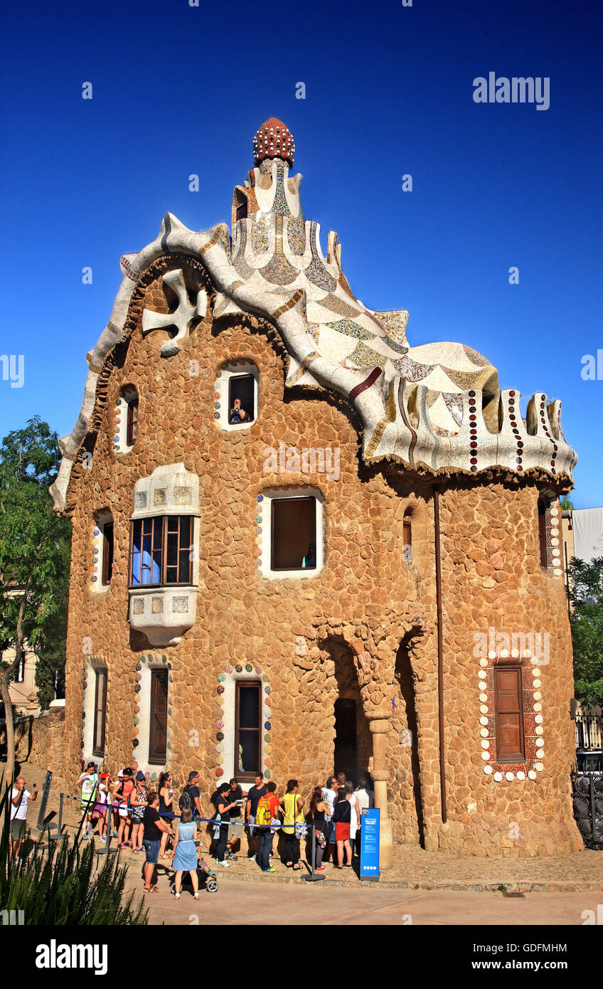 One of the porter's lodge pavilions at the entrance of Park Guell (by Antoni Gaudi), Barcelona, Catalonia, Spain Stock Photo