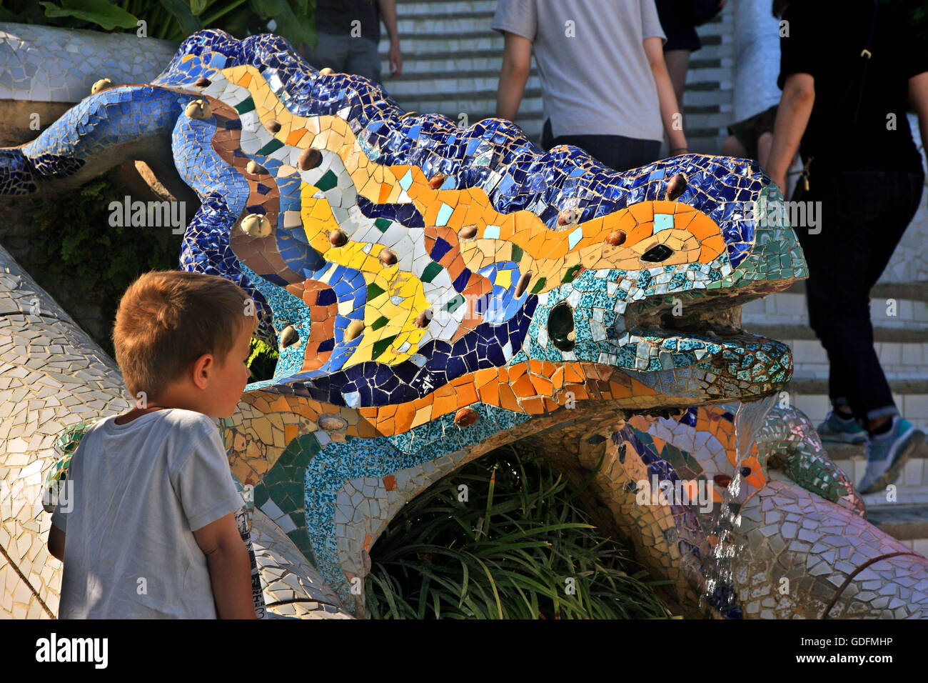 The famous 'dragon' (or 'lizard')  in Park Guell (by Antoni Gaudi), Barcelona, Catalonia, Spain Stock Photo