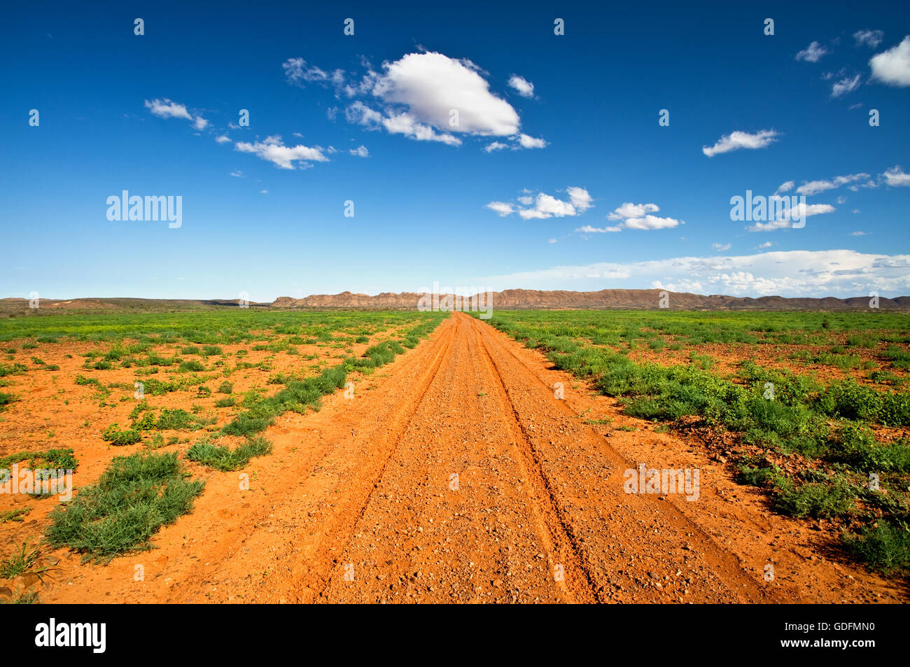 Red desert track in the outback of South Australia. Stock Photo