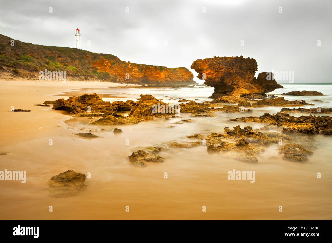 Split Point Lighthouse on top of the cliffs at Aireys Inlet, a small town at the Great Ocean Road. Stock Photo