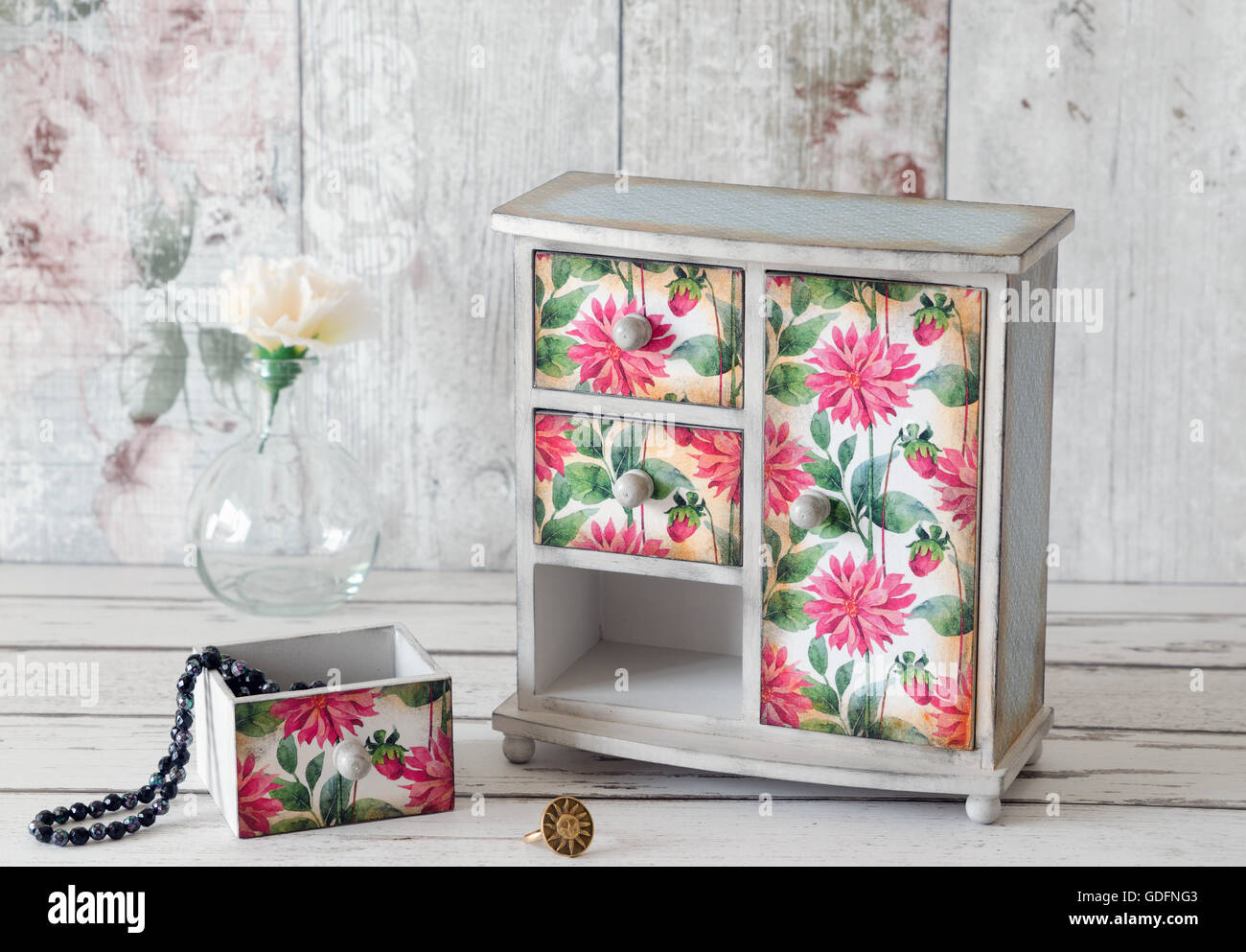 Handmade decoupaged jewellery box in a shabby chic floral style Stock Photo