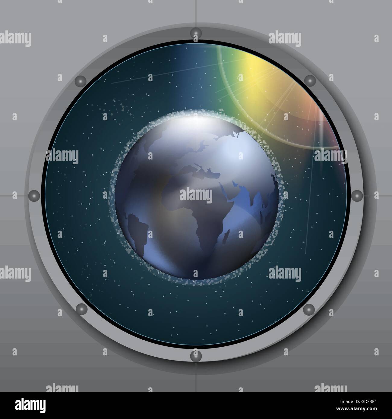 View from rocket or ship porthole on planet earth in space over a background with glowing stars. Digital vector image Stock Vector