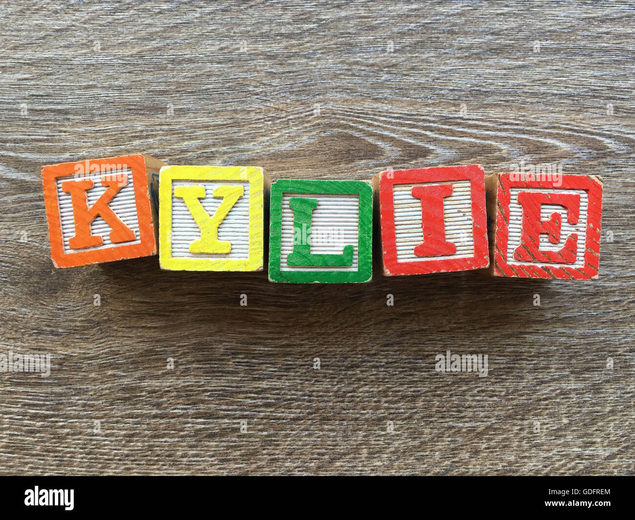 Kylie name written with wood block letter toys Stock Photo - Alamy