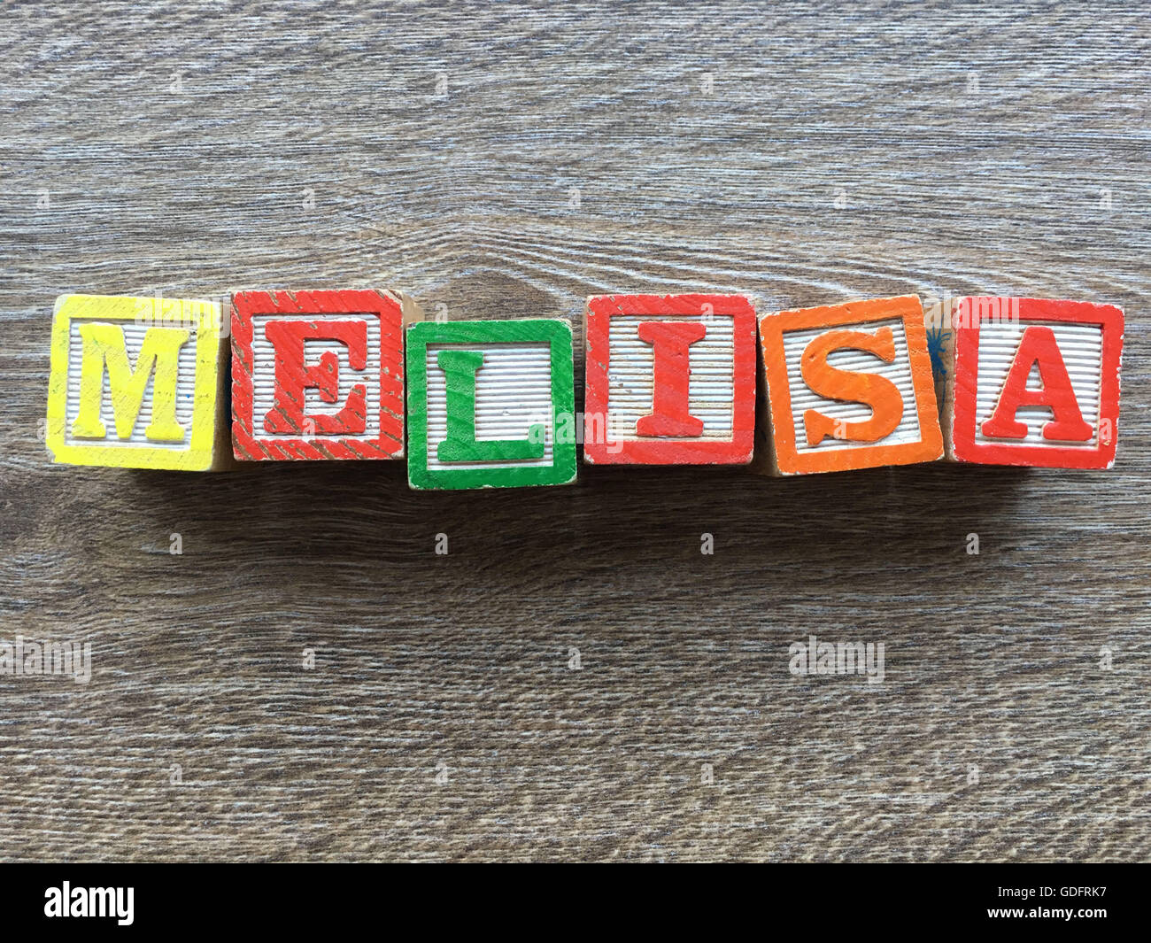 Melisa name written with wood block letter toys Stock Photo Alamy
