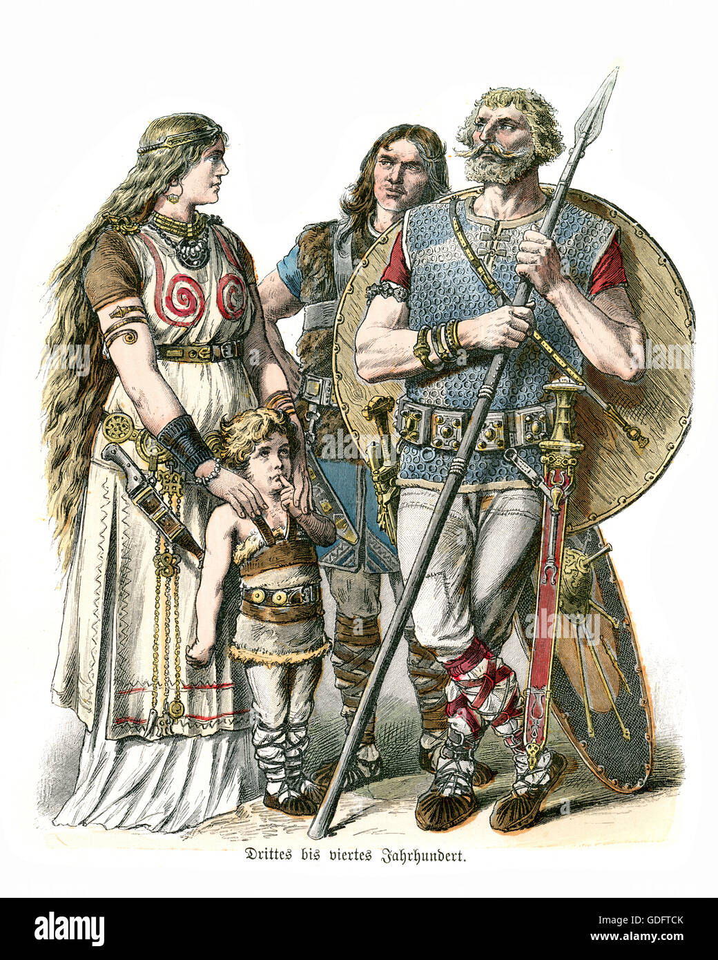 Costumes of Germanic tribesmen 1st to 4th Century, MOther and child and Warrior with Spear and Shield Stock Photo