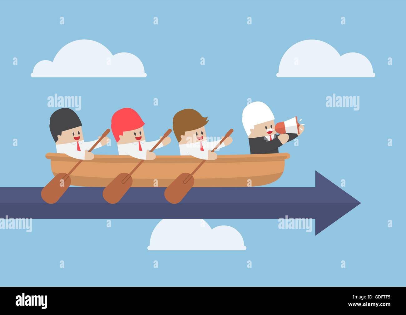 Senior businessman with his team rowing to success, teamwork concept Stock Vector