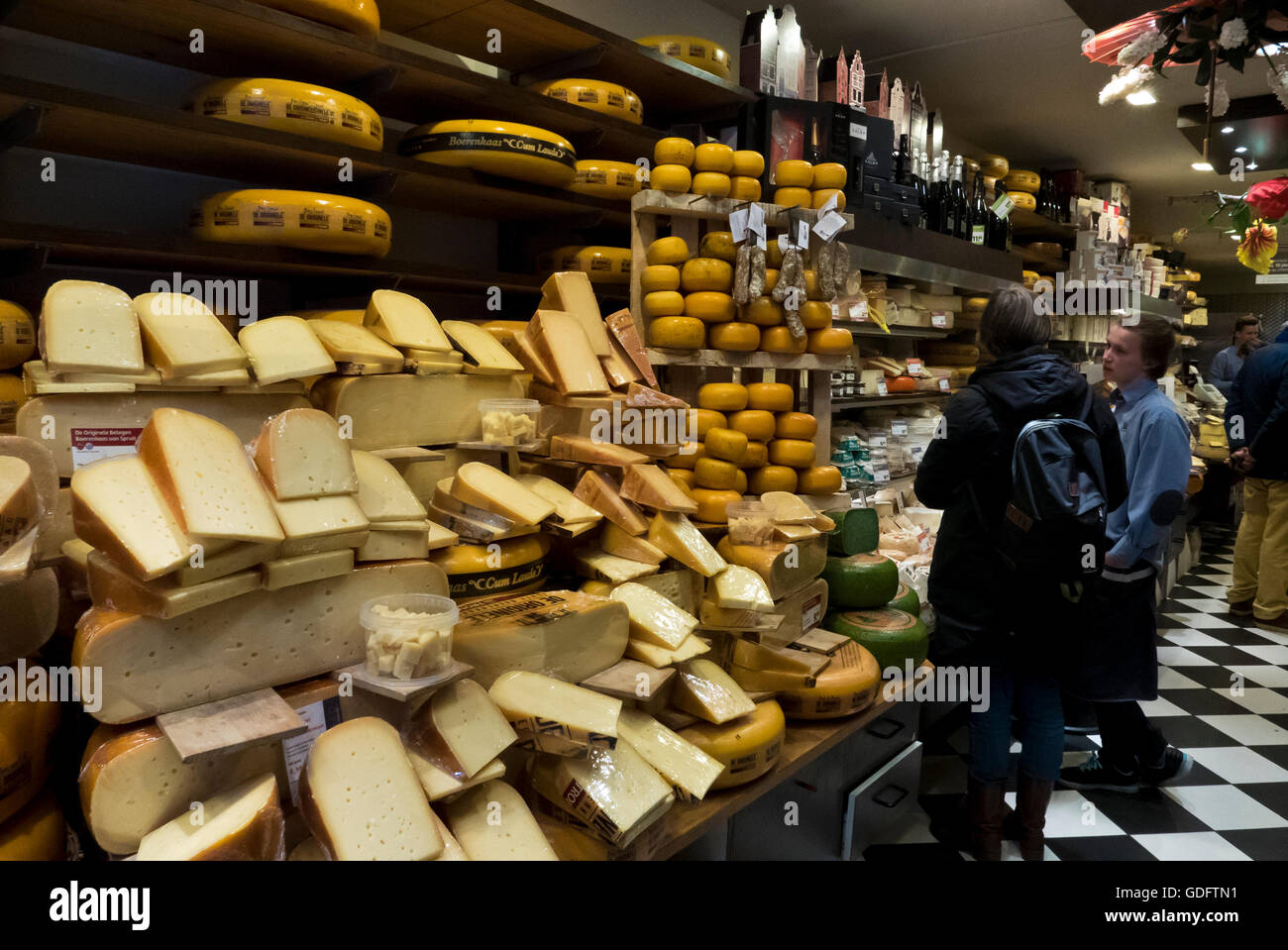 A large selection of dutch cheeses in a delicatessen in Amsterdam, Holland, Netherlands Stock
