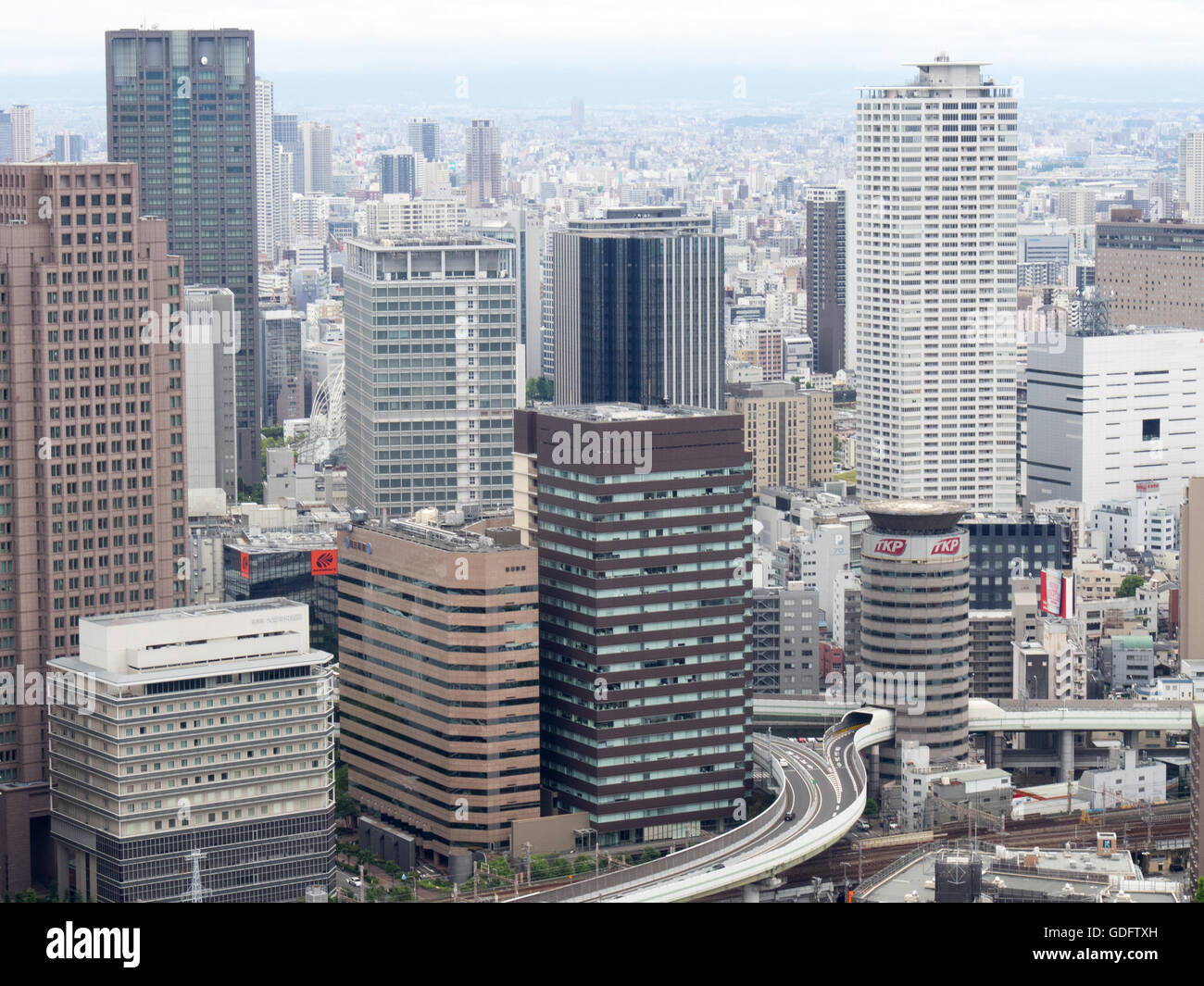 Panoramic skyline of Fukushima-ku, Osaka, and the Hanshin Expressway passing through the Gate Tower Building. Stock Photo