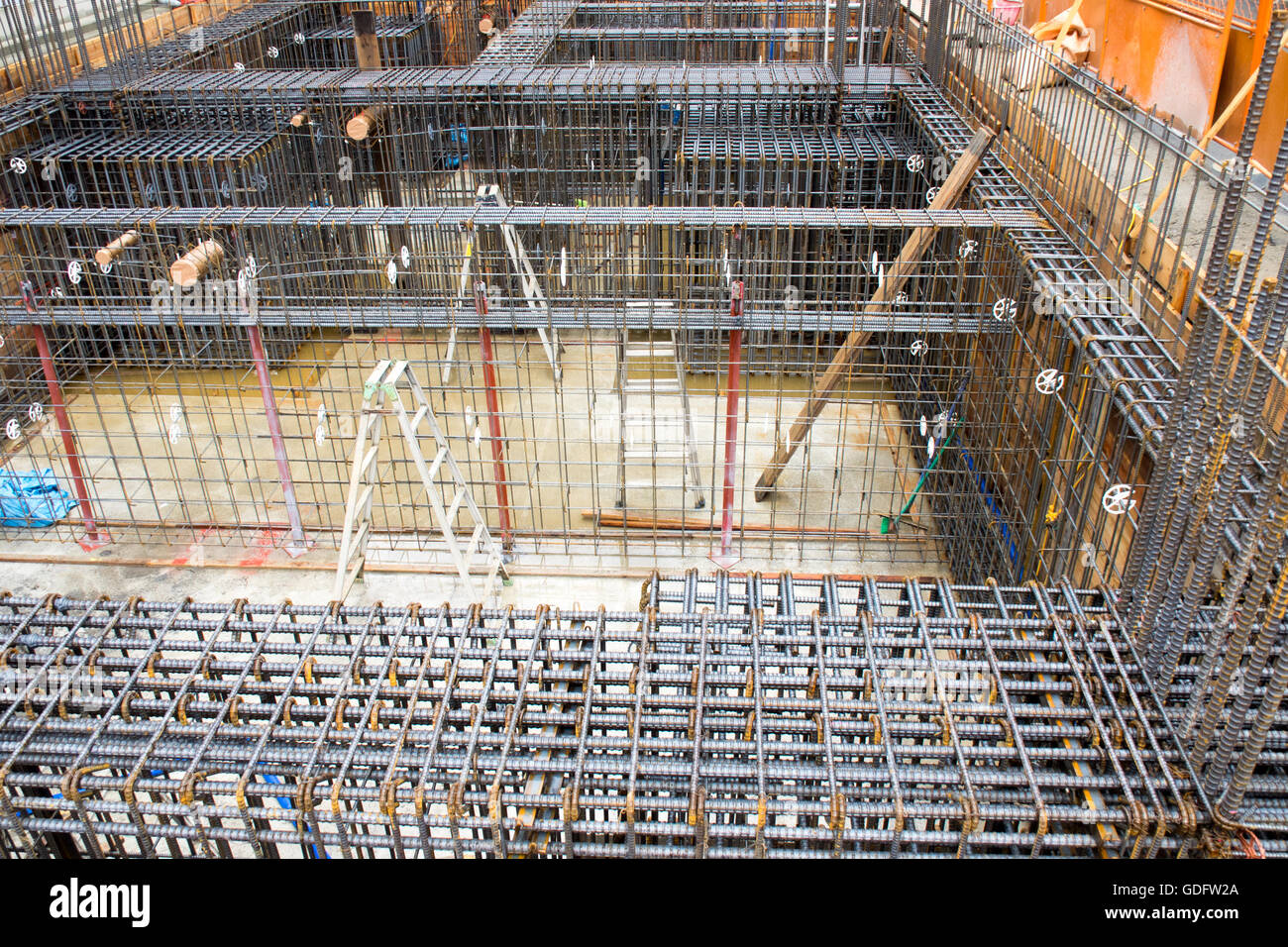 Steel reinforcement in place for the foundation of building