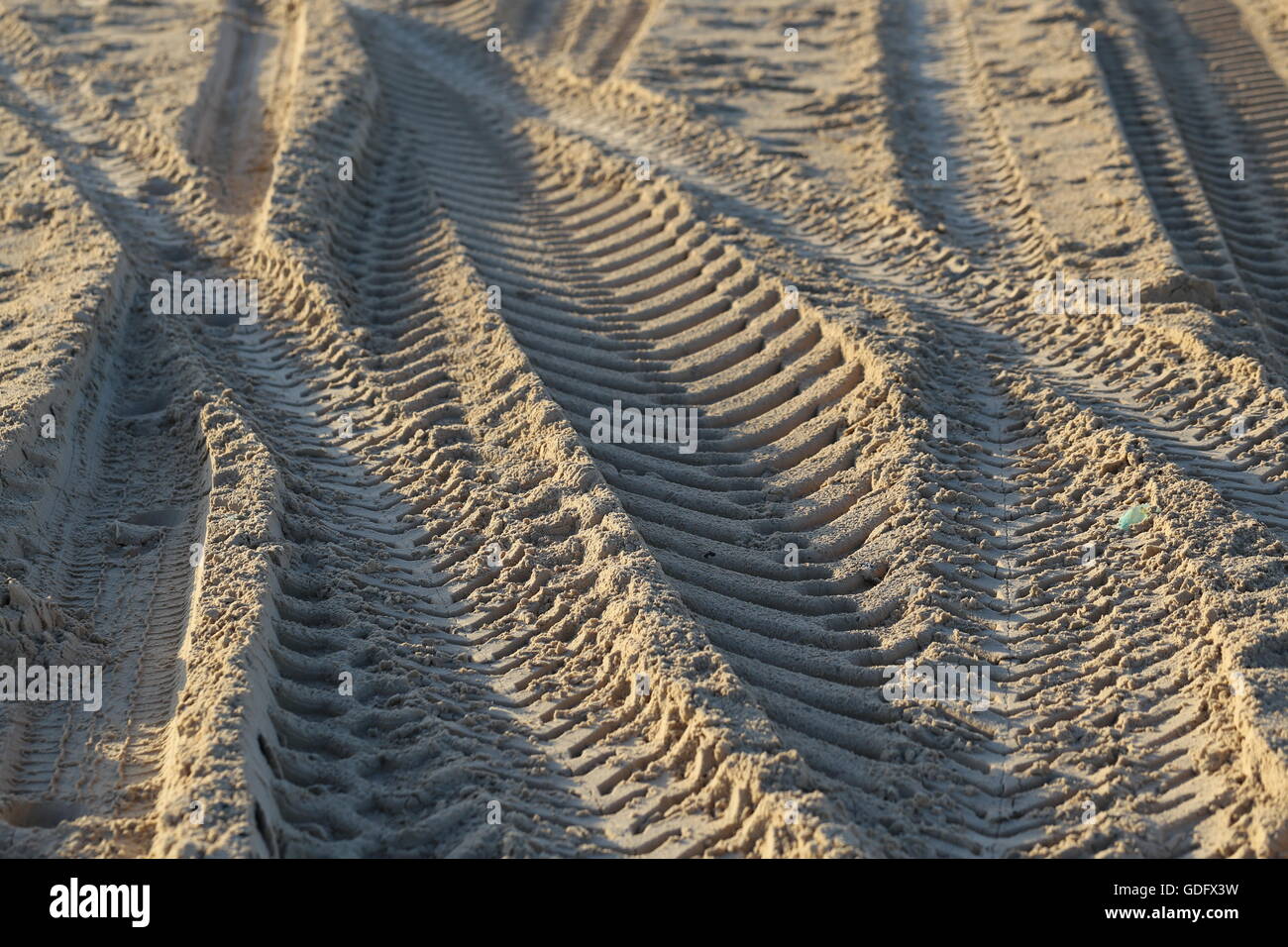 Tracks in the Sand. Vehicle tire tracks in the beach sand. Stock Photo