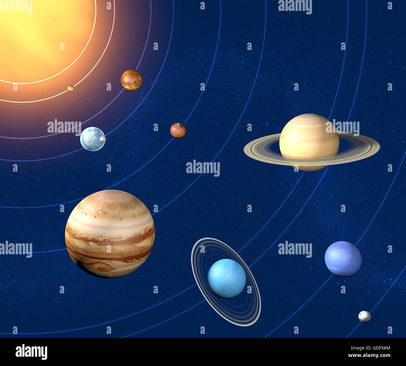 Solar system planets diameter ratio, quantities and sizes Stock Photo