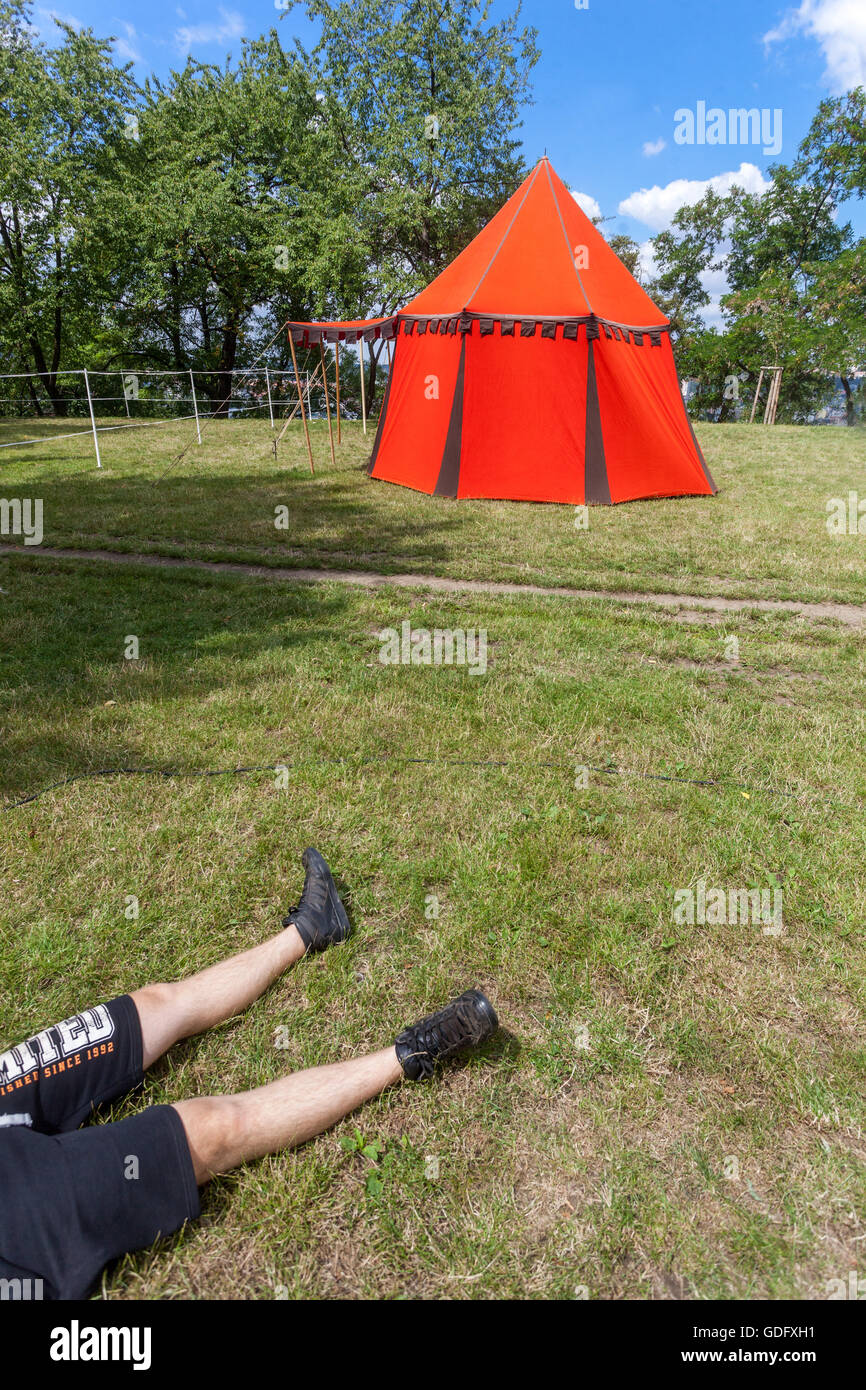 red tent, field encampment Stock Photo