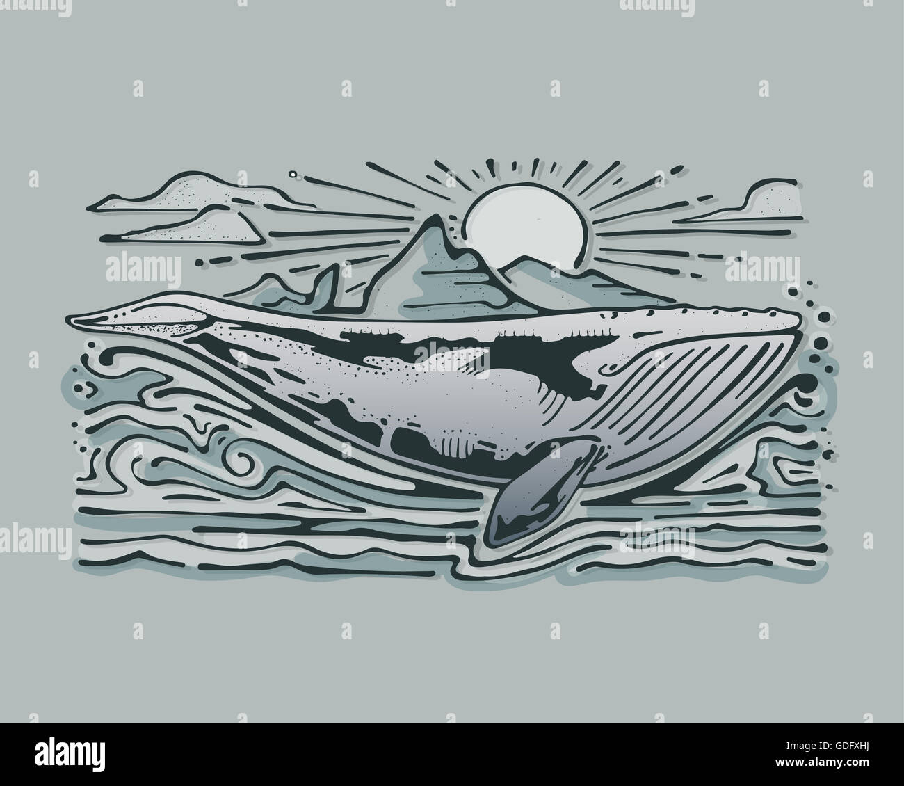Hand drawn illustration and drawing of a whale in the sea Stock Photo
