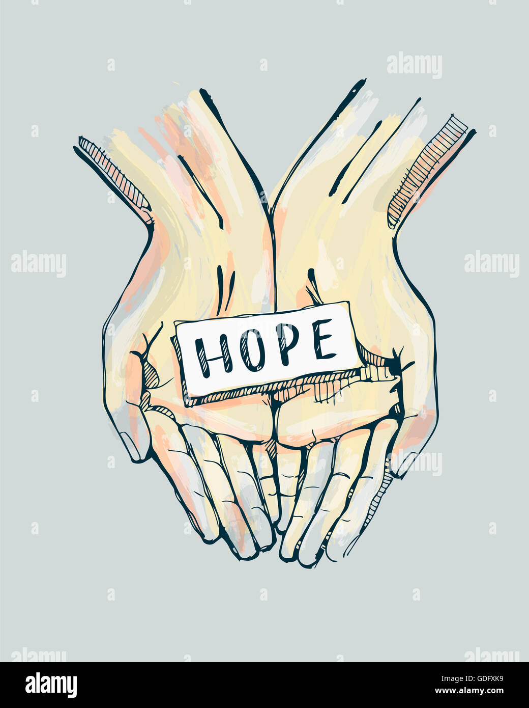 Hand drawn illustration or drawing of a pair of hands holding a label with the word: Hope Stock Photo
