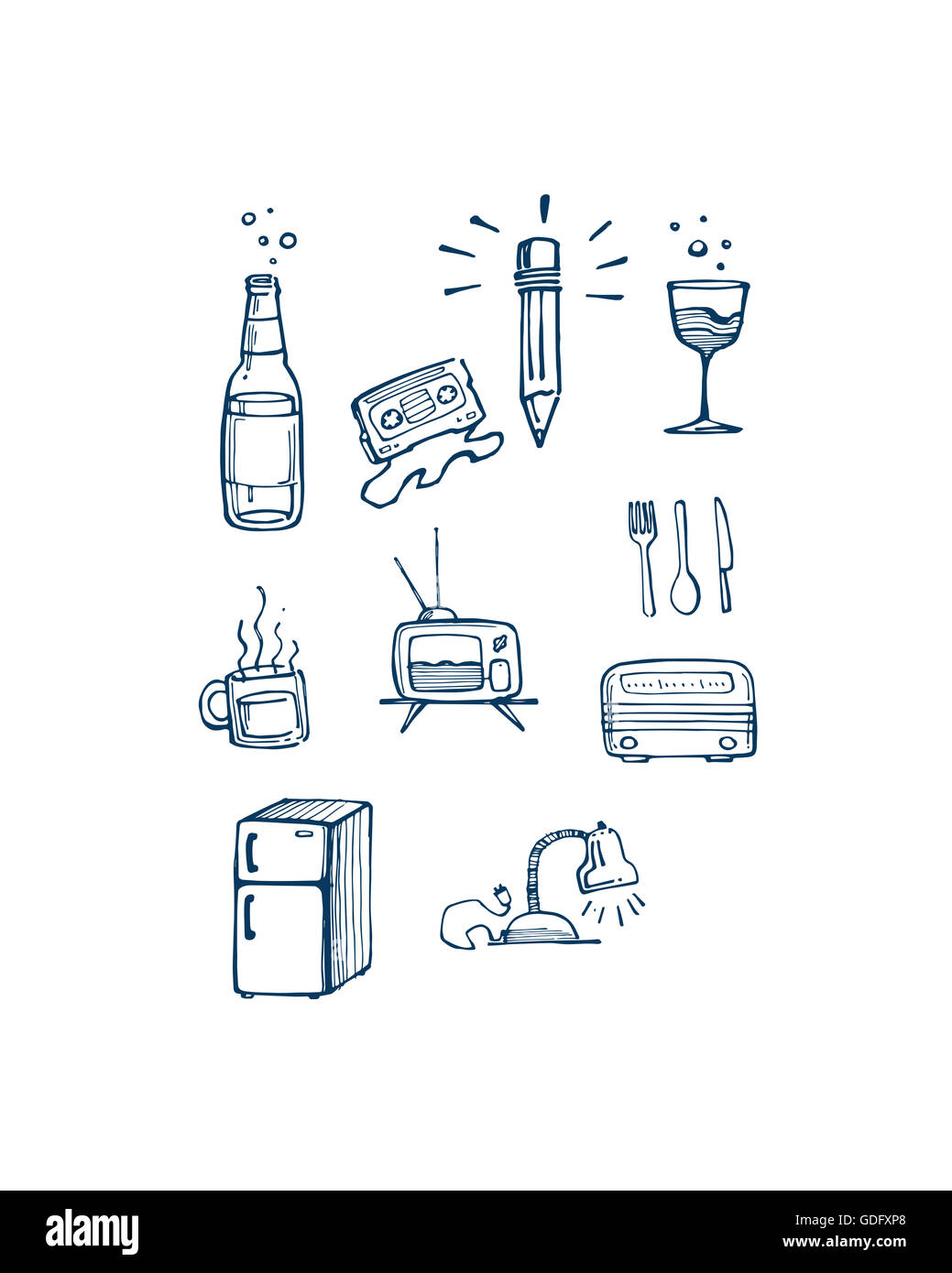 Hand drawn illustration or drawing of different domestic objects Stock ...