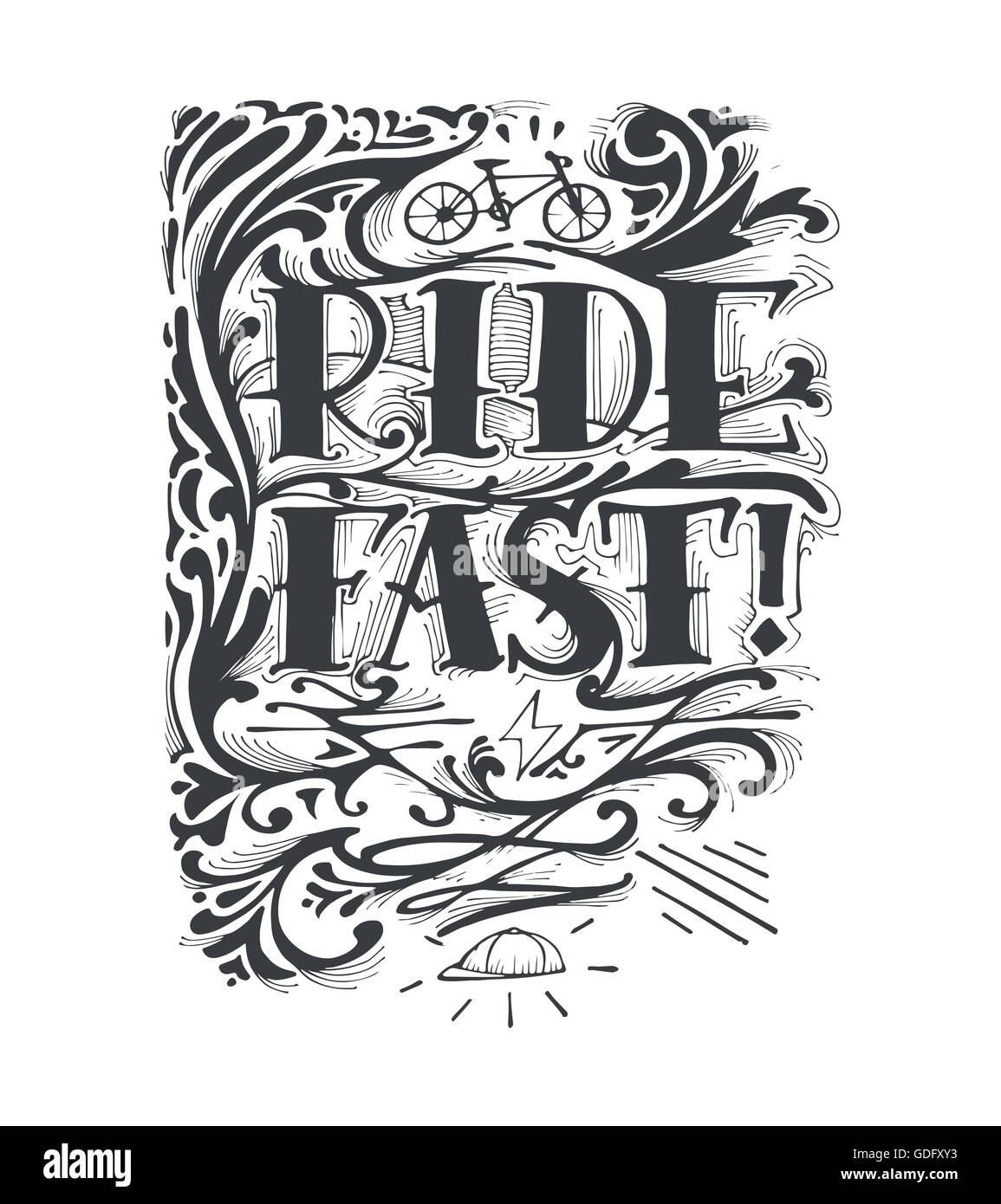 Hand drawn illustration or drawing of the phrase: Ride fast Stock Photo