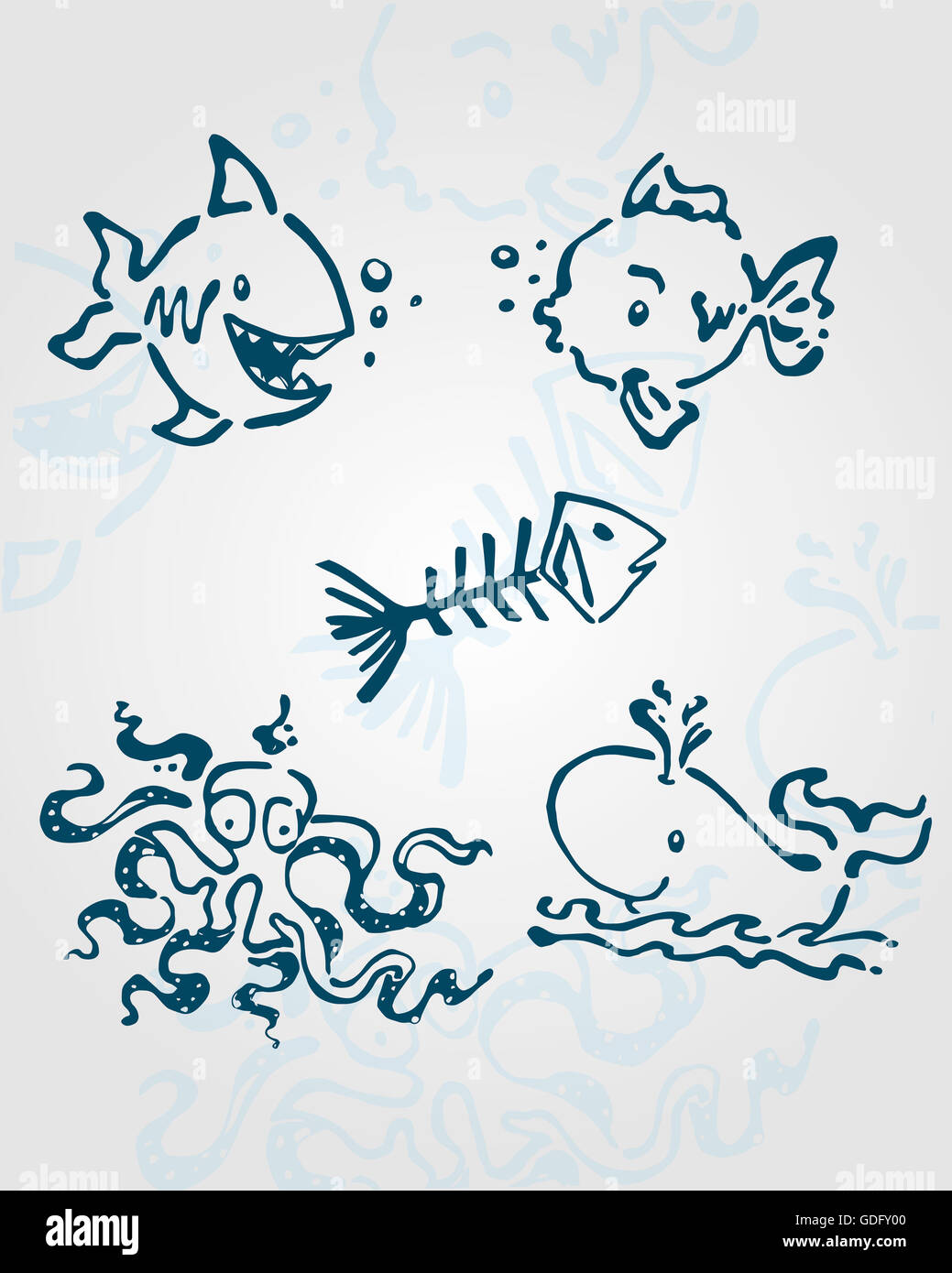 Hand drawn illustration or drawing of different sea animals Stock Photo