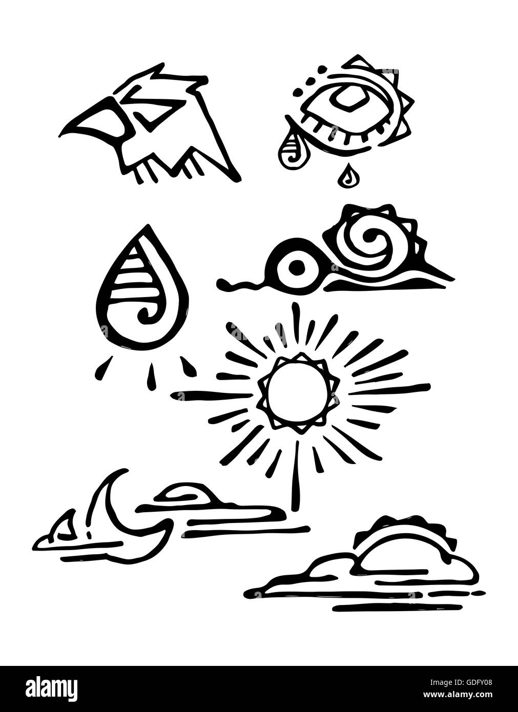 Hand drawn illustration or drawing of some prehispanic ethnic indigenous symbols Stock Photo
