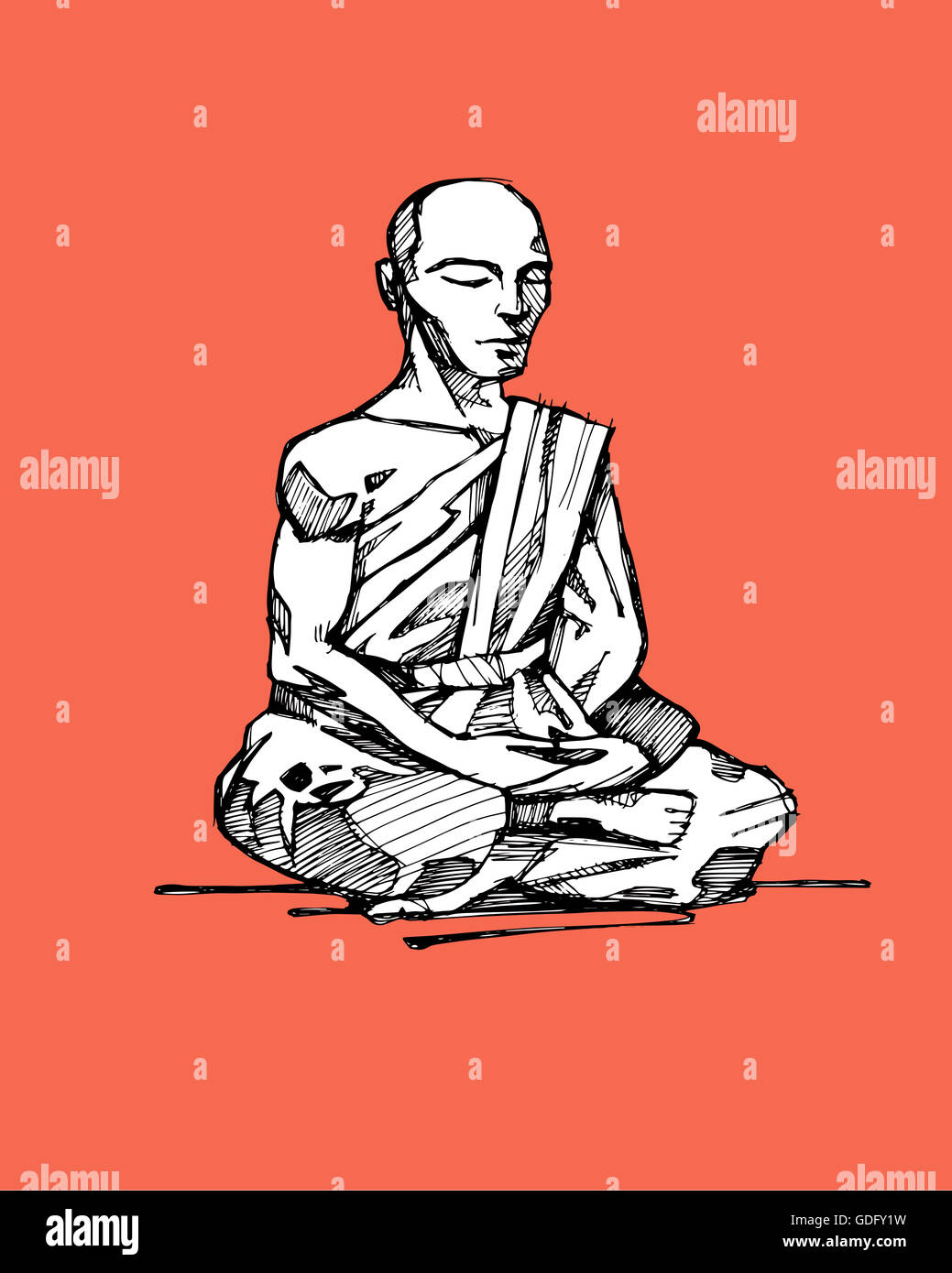 Sketch Buddhist Monk Drawing : One continuous drawing line buddhist