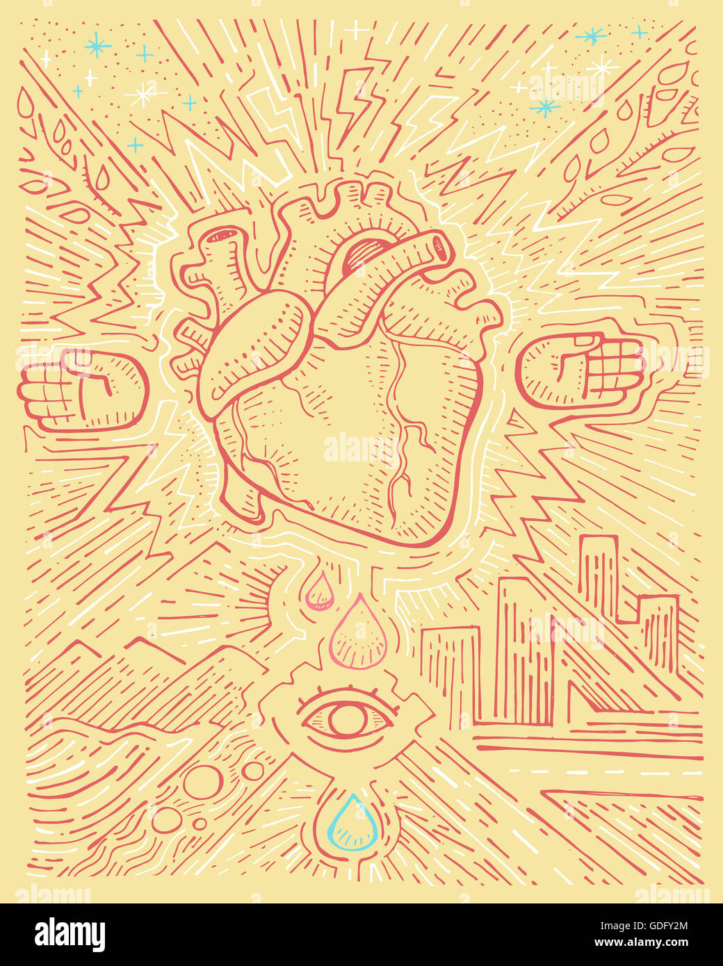 Hand drawn illustration or drawing of  a human heart and urban symbols Stock Photo