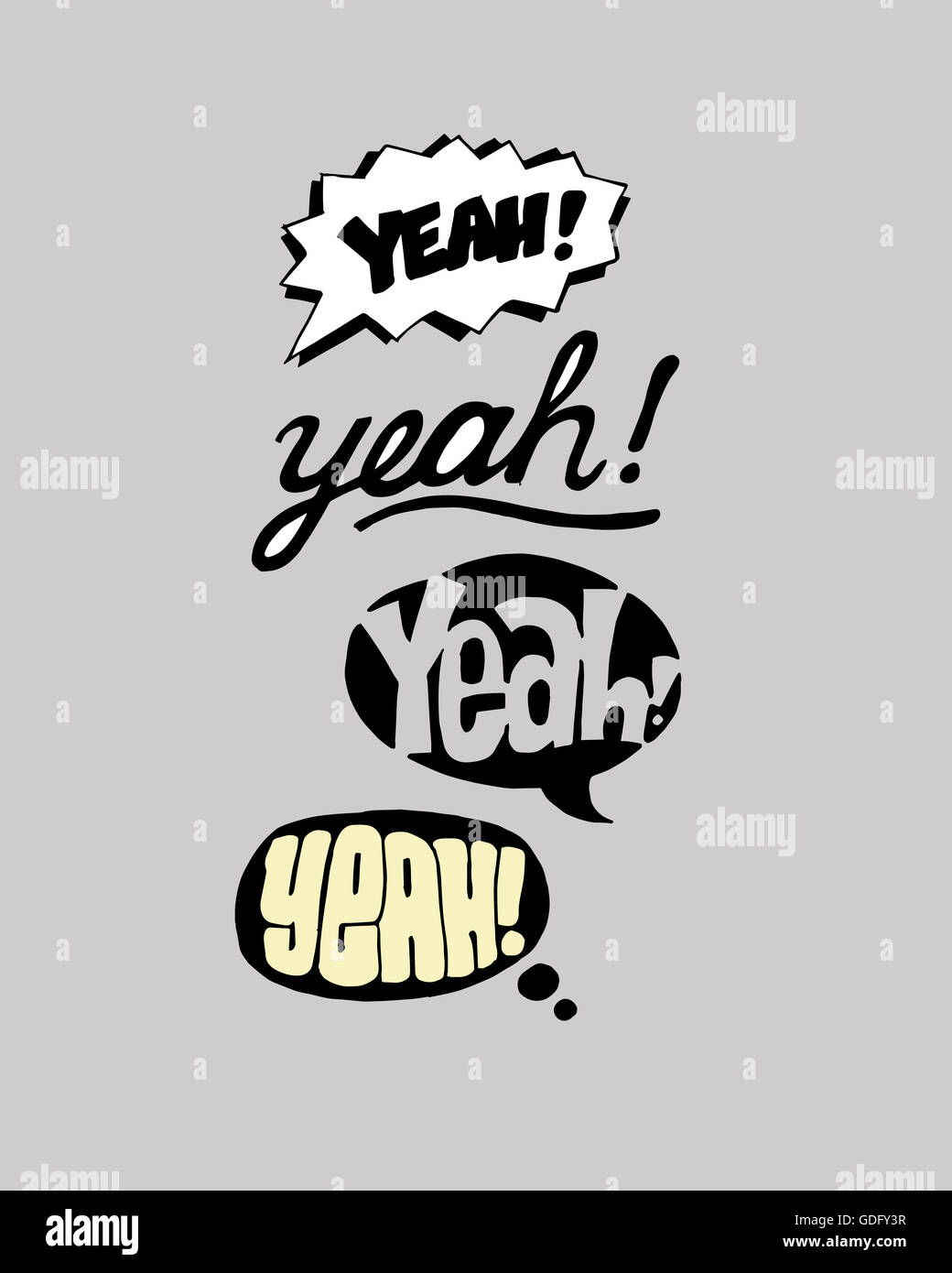 Hand drawn illustration or drawing of different styles of the word yeah
