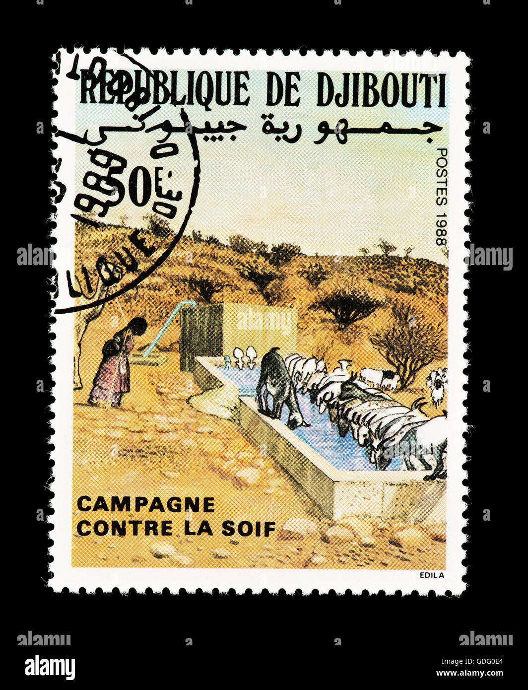 Postage stamp from Djibouti depicting camels and people at a watering hole, issued for the campaign against thirst. Stock Photo
