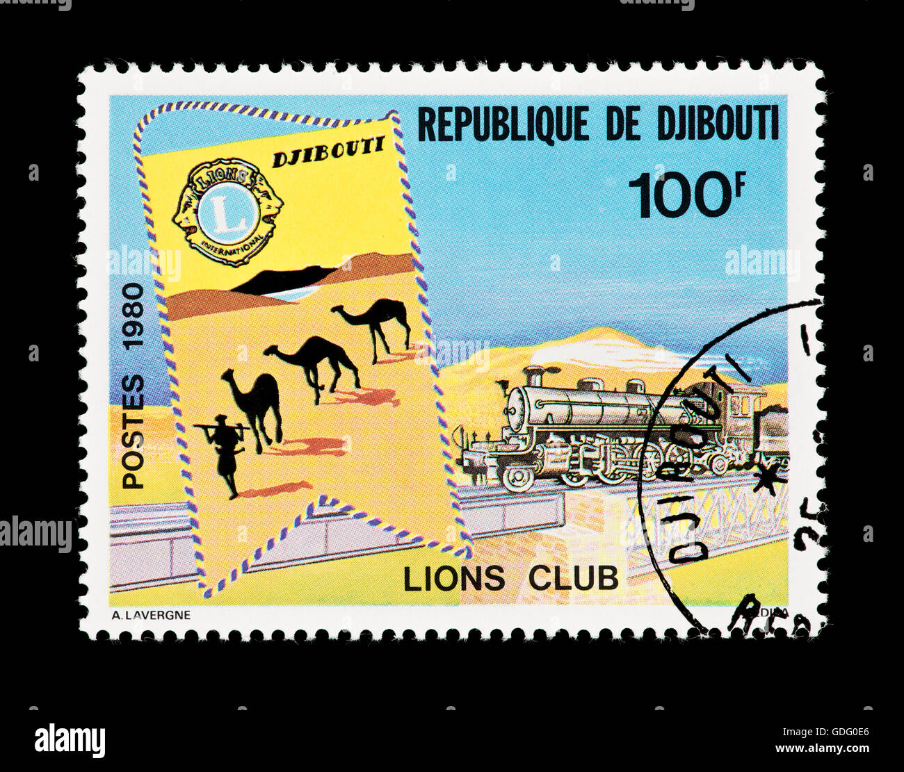 Postage stamp from Djibouti depicting camels and a steam engine, issued for the Lions CLub of Djibouti. Stock Photo