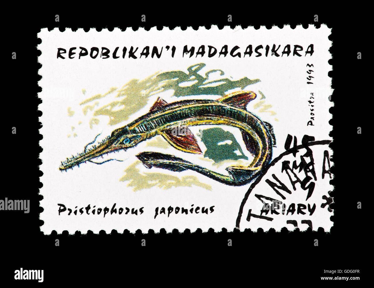 Postage stamp from Madagascar depicting a Japanese sawshark