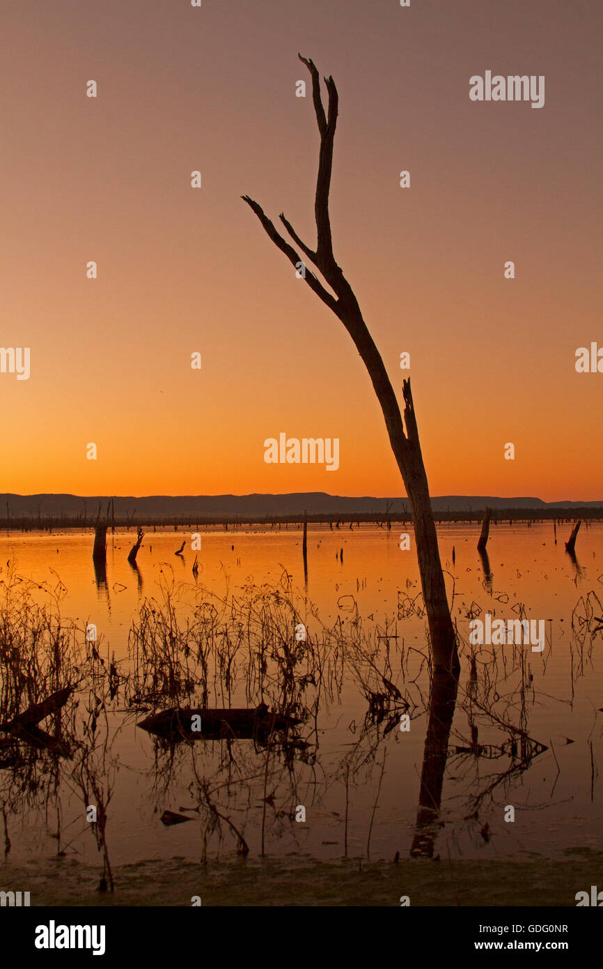 Sunrise and vivid orange sky over vast calm waters of Lake Nuga Nuga that stretch to horizon in outback Queensland Australia Stock Photo