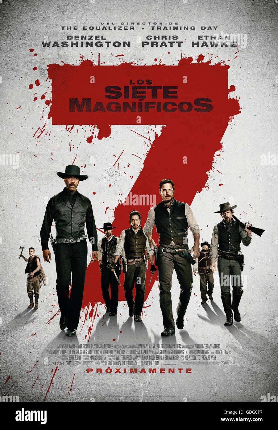 RELEASE DATE: September 23, 2016 TITLE: The Magnificent Seven STUDIO: Columbia Pictures DIRECTOR: Antoine Fuqua PLOT: Seven gun men in the old west gradually come together to help a poor village against savage thieves PICTURED: Vincent D'Onofrio, Martin Sensmeier, Manuel Garcia-Rulfo, Ethan Hawke, Denzel Washington, Chris Pratt,  Byung-hun Lee (Credit Image: c Columbia Pictures/Entertainment Pictures/) Stock Photo