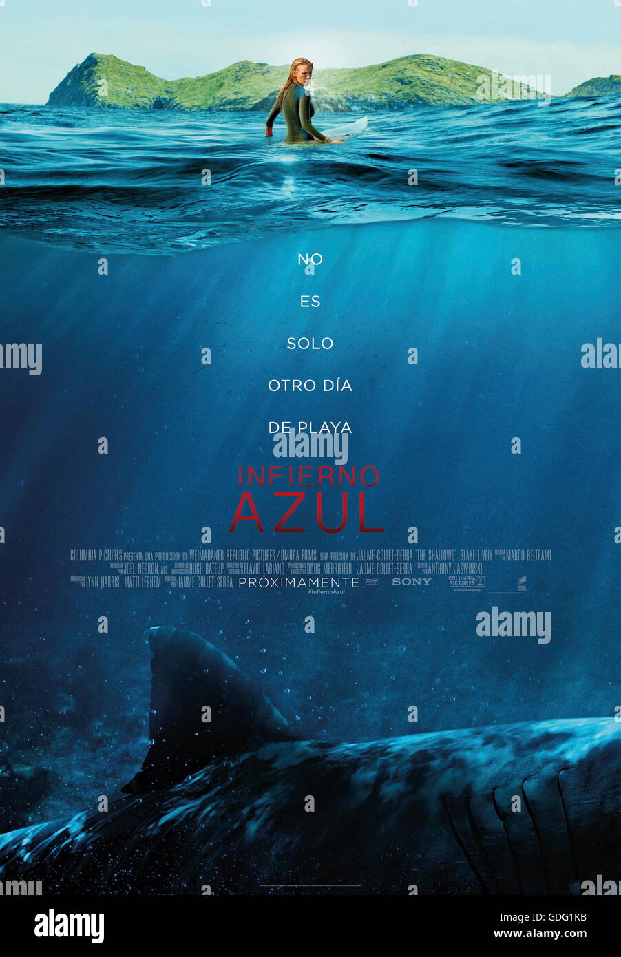 RELEASE DATE: June 29, 2016 TITLE: The Shallows STUDIO: Columbia Pictures DIRECTOR: Jaume Collet-Serra PLOT: When Nancy (Blake Lively) is attacked by a great white shark while surfing alone, she is stranded just a short distance from shore. Though she is only 200 yards from her survival, getting there proves the ultimate contest of wills PICTURED: Blake Lively as Nancy (Credit: c Columbia Pictures/Entertainment Pictures/) Stock Photo