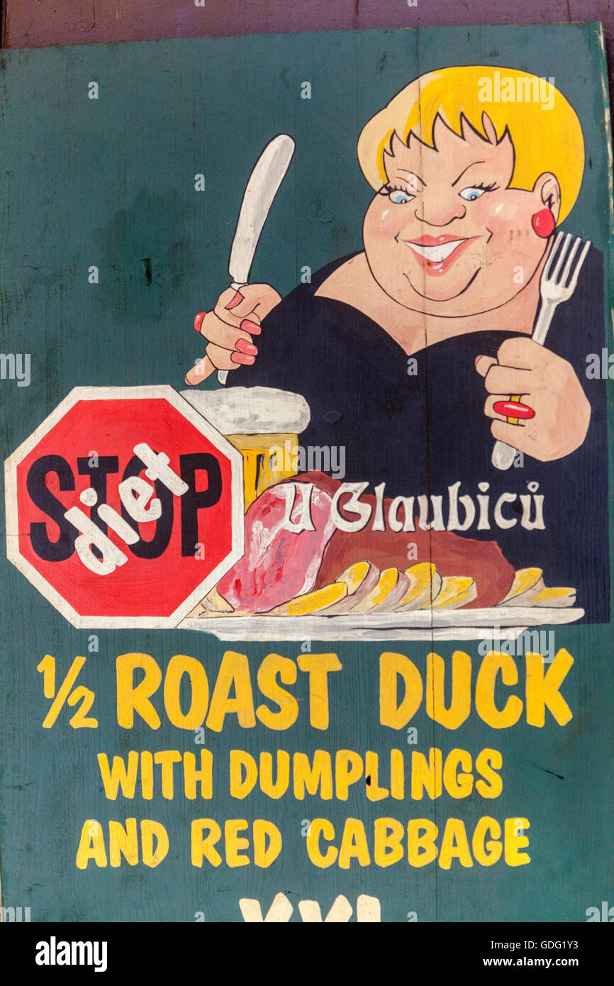 The invitation vintage food poster to visit the Prague restaurant 'U Glaubicu' Prague Mala Strana food Czech Republic Roast duck dumplings Stock Photo