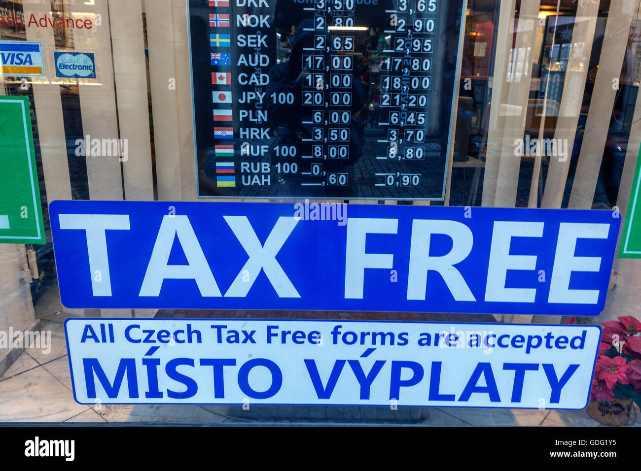 Tax-free Exchange office in downtown Prague, Czech Republic Stock Photo