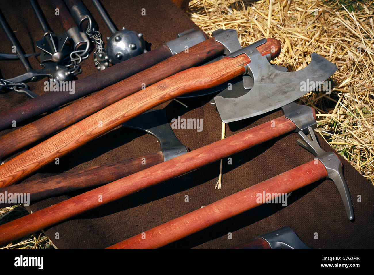 Medieval blunt weapon, battle axes and hammers Stock Photo