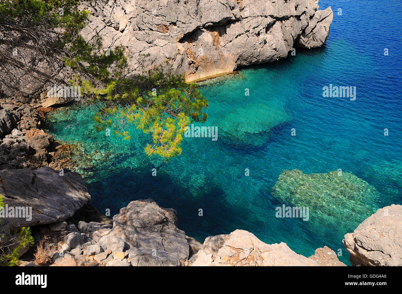 Cliff, Blue Sea, Clear Water, Sa Calobra Stock Photo
