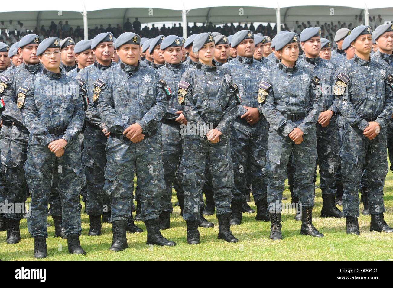 Mexican Federal Police officers stand at attention during the 88th anniversary of the national police force attended by President Enrique Pena Nieto July 13, 2016 in Iztapalapa, Mexico City, Mexico. Stock Photo