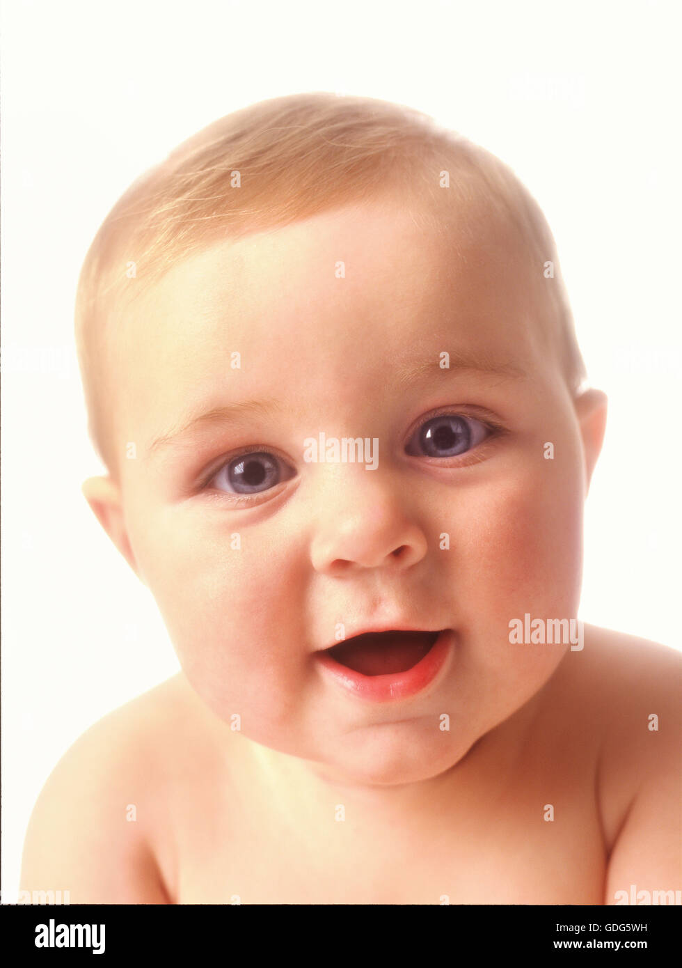 Portrait of a baby's face with blue eyes on a white background Stock Photo