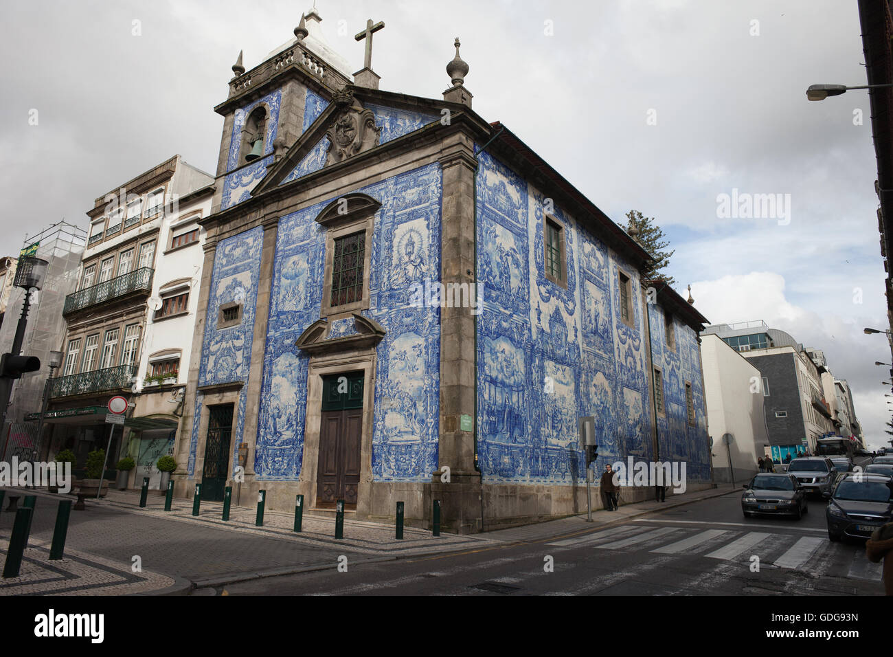 Capela das Almas Church in Porto, Portugal, covered with blue and white azulejo tiles Stock Photo