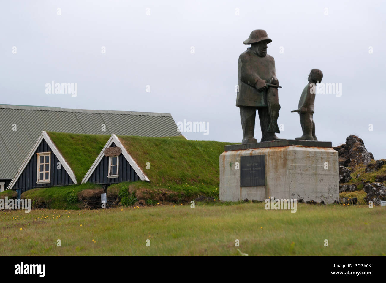 Iceland: Joklarar sculpture in Hellissandur. Joklarar, the Glacier People, is a 1974 sculpture by the artist Ragnar Kjartansson Stock Photo