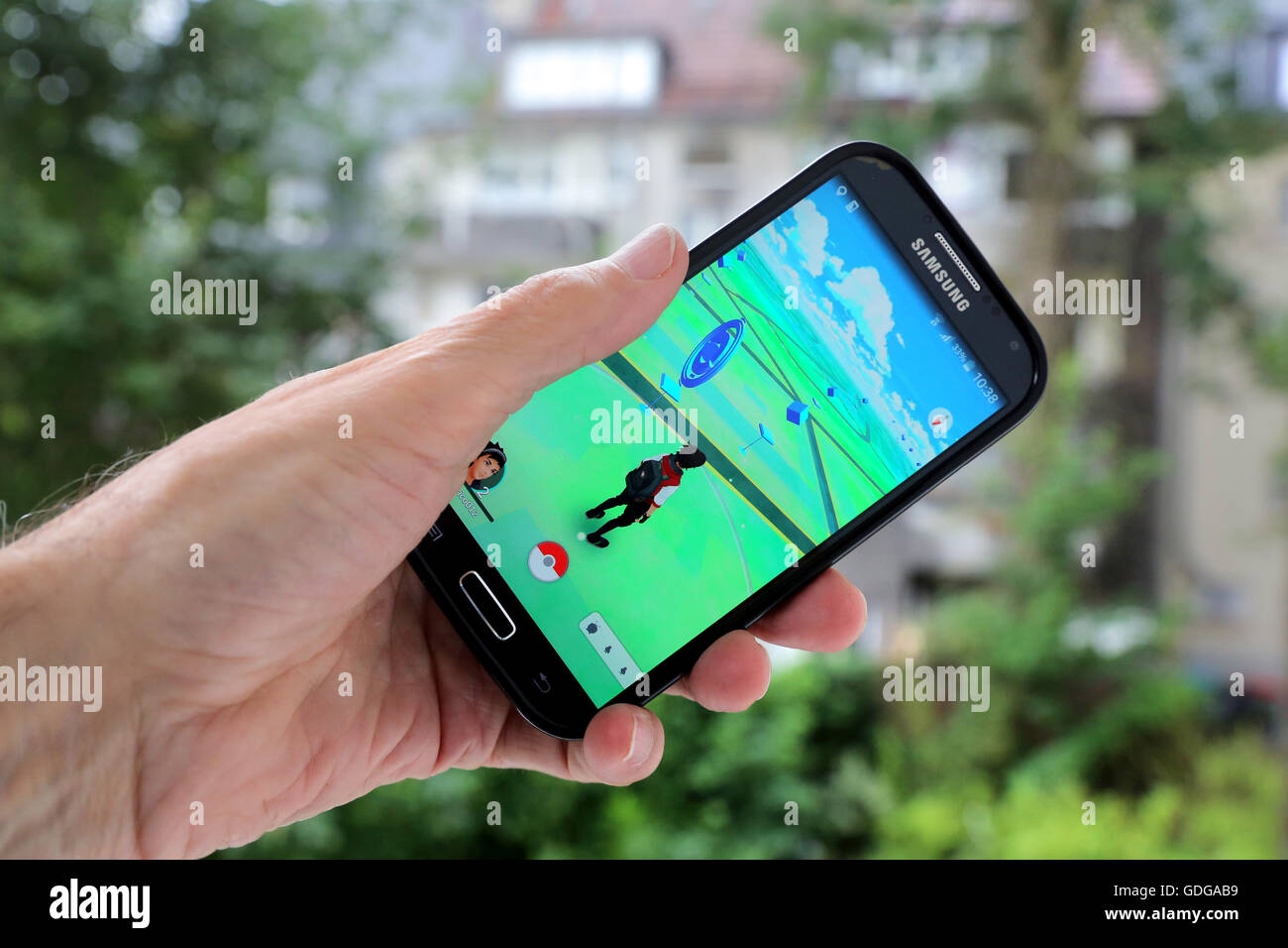 German version of the latest Nintendo game "Pokémon go" on a Samsung smartphone. Dortmund, Germany, July 17th.2016 Stock Photo