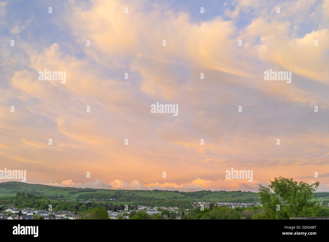 An evening view over Kendal looking across the valley. Stock Photo